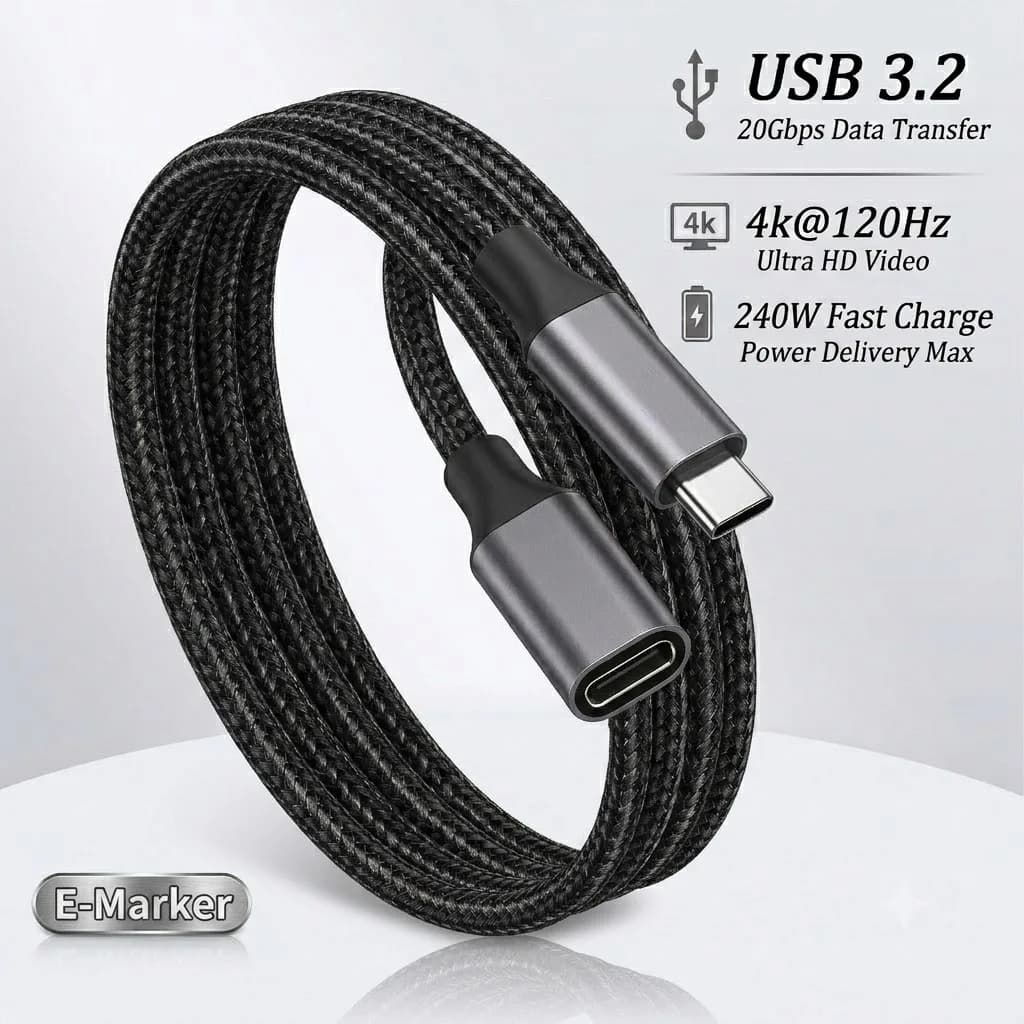 20Gbps USB-C Extension Cable 240W PD Fast Charging 4K@120Hz Video Type C Male to Female Wire for Mac Hub Steam Deck Switch