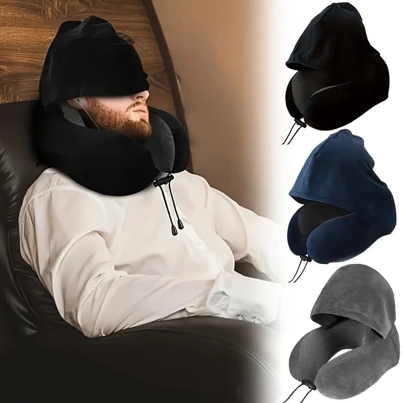 Cuscino da viaggio a forma di U con cappuccio in memory foam, lavabile, disponibile in più colori