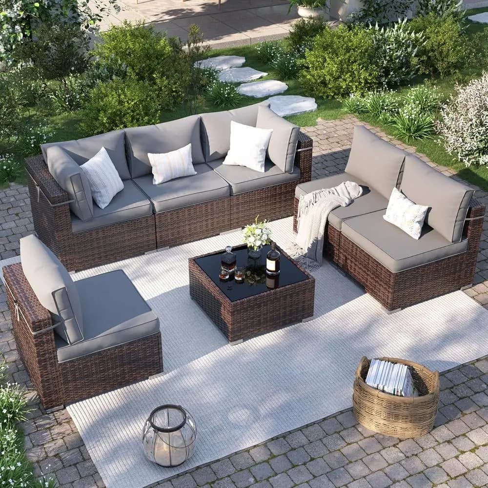 Set di divani componibili da esterno in 7 pezzi con copertura impermeabile e tavolino, cuscini marrone/grigio