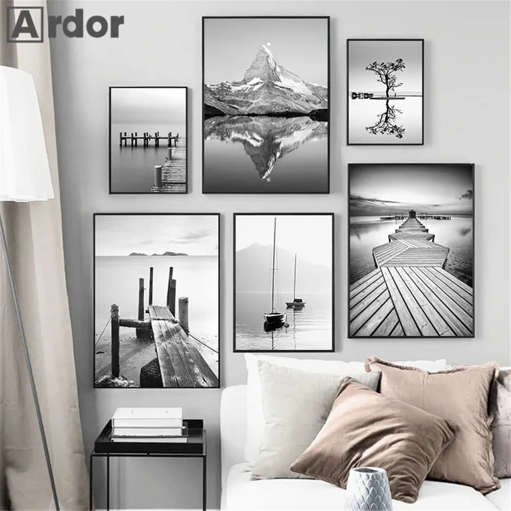 Black And White Canvas Painting Mountain Lake Boat Bridge Wall Art Print Landscape Poster Nordic Wall Art Pictures Bedroom De