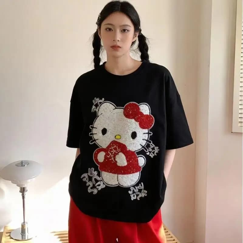 T-shirt da donna estiva a maniche corte con ricamo in spugna e paillettes, stile cartone animato, nuova collezione, alla moda e popolare