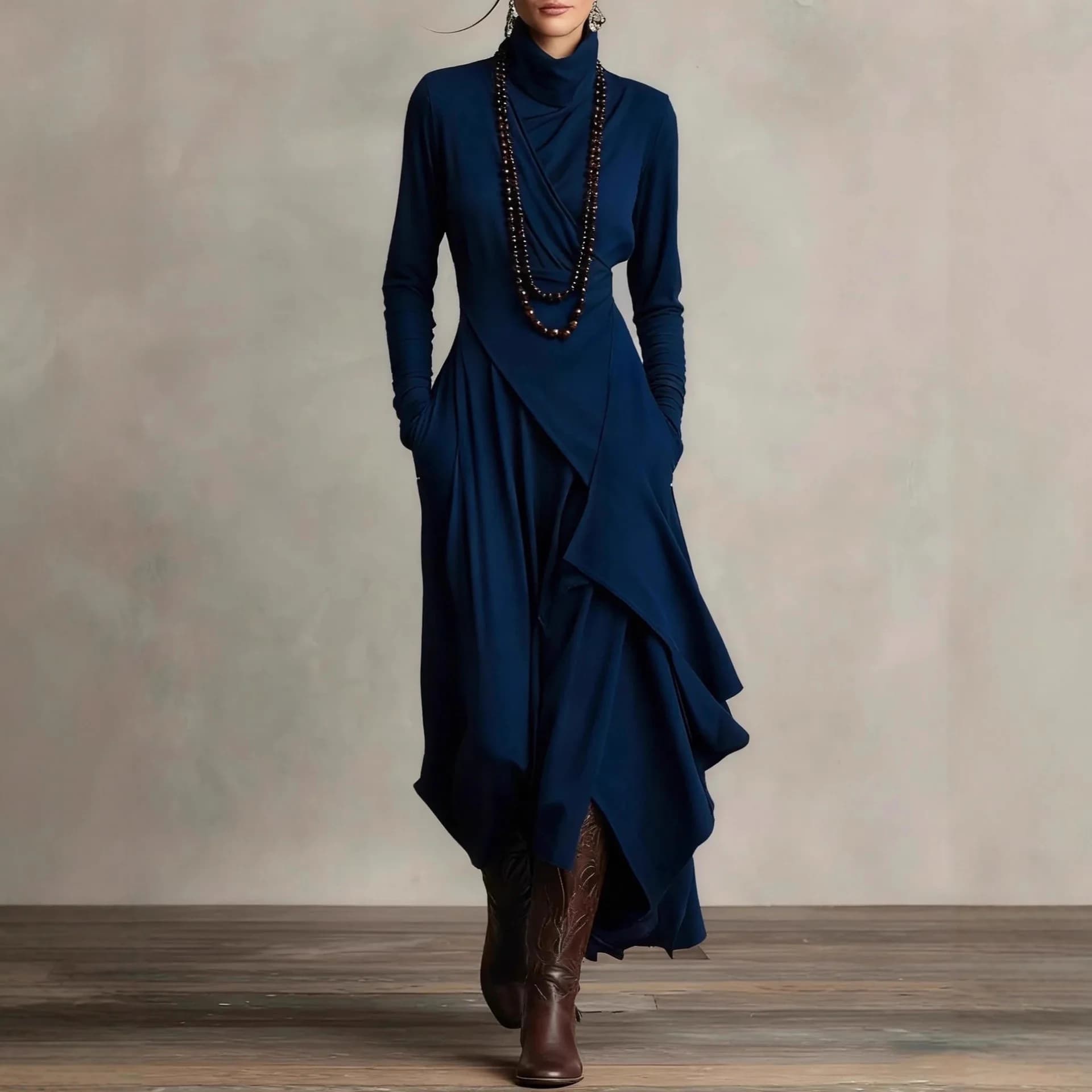 Autunno e inverno manica lunga collo alto vita croce irregolare abito lungo da donna moda streetwear abiti da donna oversize