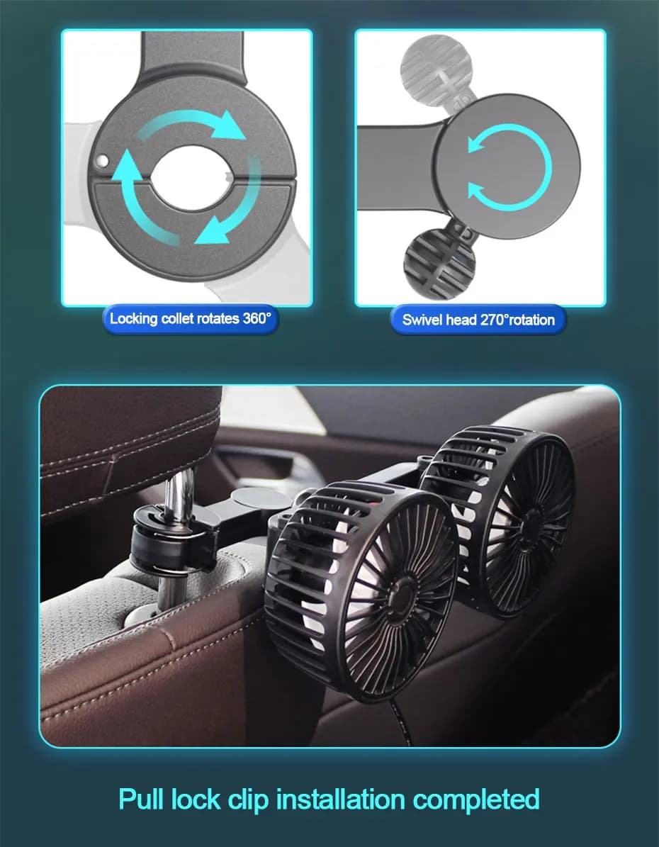 Ventilatore di raffreddamento per sedile auto a 3 velocità, ricaricabile USB, doppia testa, rotazione a 360 gradi, raffreddatore per il collo, accessori auto estivi
