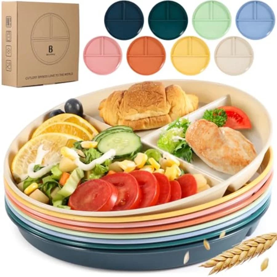 9 Unbreakable Divided Plates 8 PCS for kids adults: wheat straw, BPA-free, white, portion control for health/weight loss, 3-com