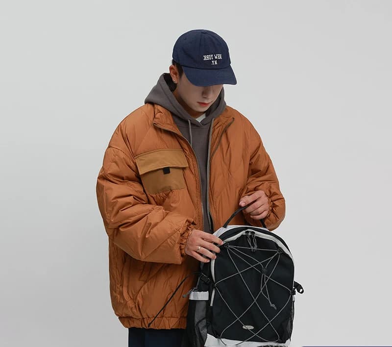Japanese Style Loose Fit White Duck down Jacket Men's Autumn Winter Warm Cold Resistant Diamond Pattern Stand Collar Coat