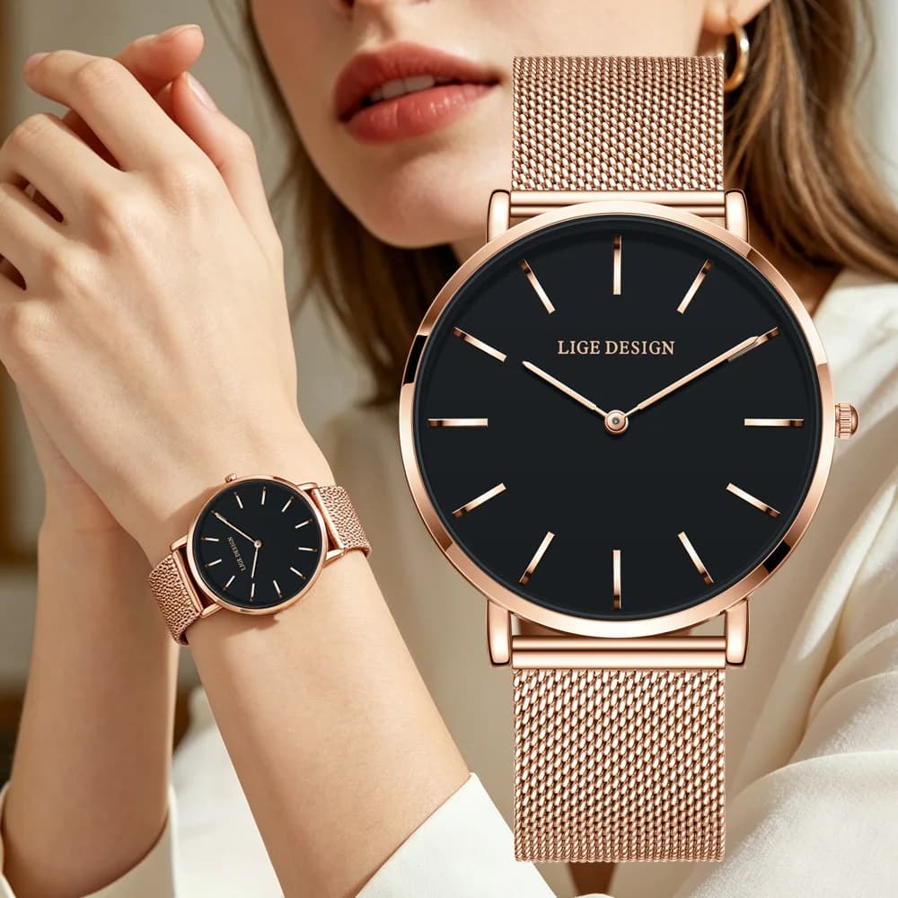 Orologio LIGE Dorato da Donna e da Uomo, Orologio al Quarzo per Coppie, Orologio alla Moda con Cinturino in Acciaio Inossidabile, Regalo di Compleanno per Innamorati con Scatola