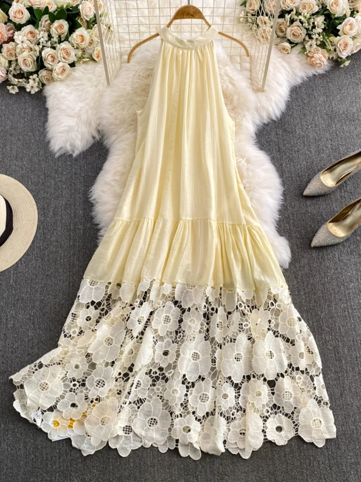 Abito lungo da donna Vaion Sle con scollo alto in pizzo e gonna a trapezio, versione coreana estiva
