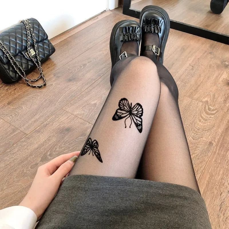 Ragazza piccante Farfalla Tatuaggio Bellezza Pelle Sottocultura Nicchia Calzini Lolita ultrasottili Calze stampate