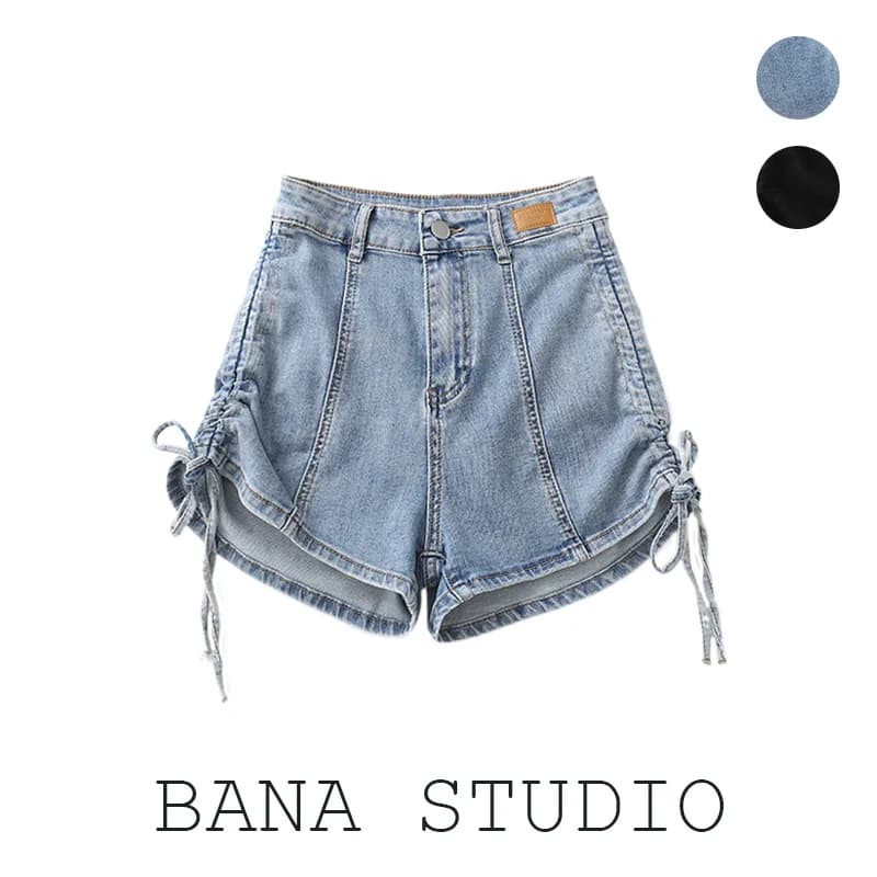 High Waist Drawstring Denim Shorts Women's Summer New Style Small Size Thin Denim Straight Leg Deep Color BANA