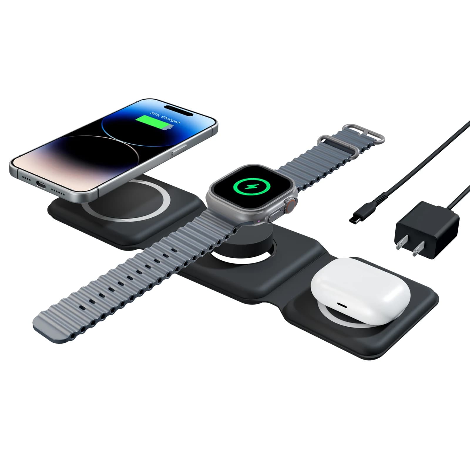 Charger Wireless Magnetic 15W 3 in 1 Foldable, Quick Charging Dock for Apple Watch iPhone 17/16/15/14/X AirPods