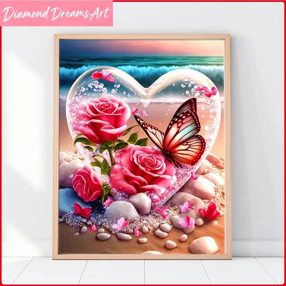 Dipinto Diamantato a Mosaico con Farfalle e Rose, Cuore sul Mare, Artigianato 30x40cm, Senza Cornice