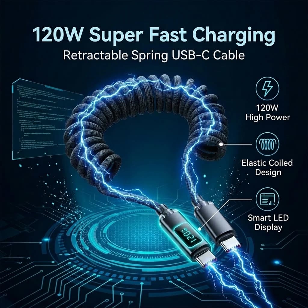 Cavo di ricarica rapida USB-C a USB-C retrattile da 120W con display digitale per iPhone 15/16/17 Pro Max e Xiaomi, cavo Type-C