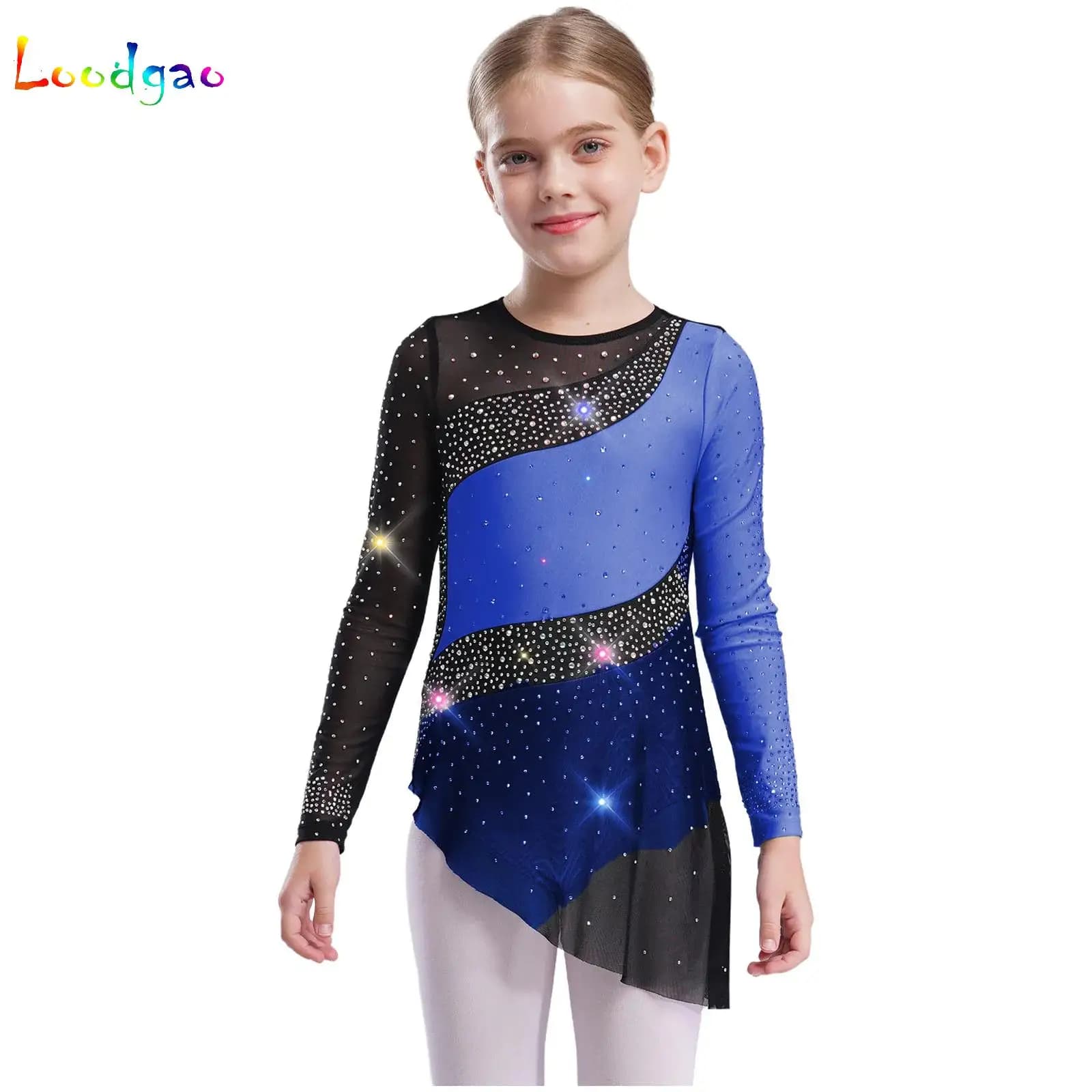 Costume da ballo lirico per bambina in rete scintillante, manica lunga, trasparente, per balletto, ginnastica, body, costume da fata