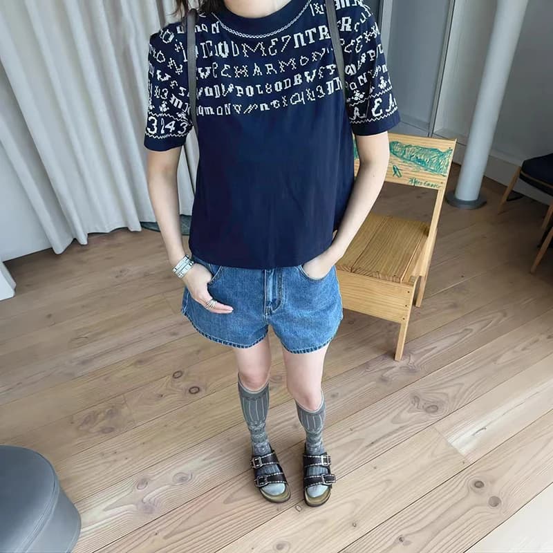 Loose Fit Pure Cotton T-Shirt Women's White Blue Letter Art Embroidery round Neck Short Sleeve Casual Street Style Summer Top