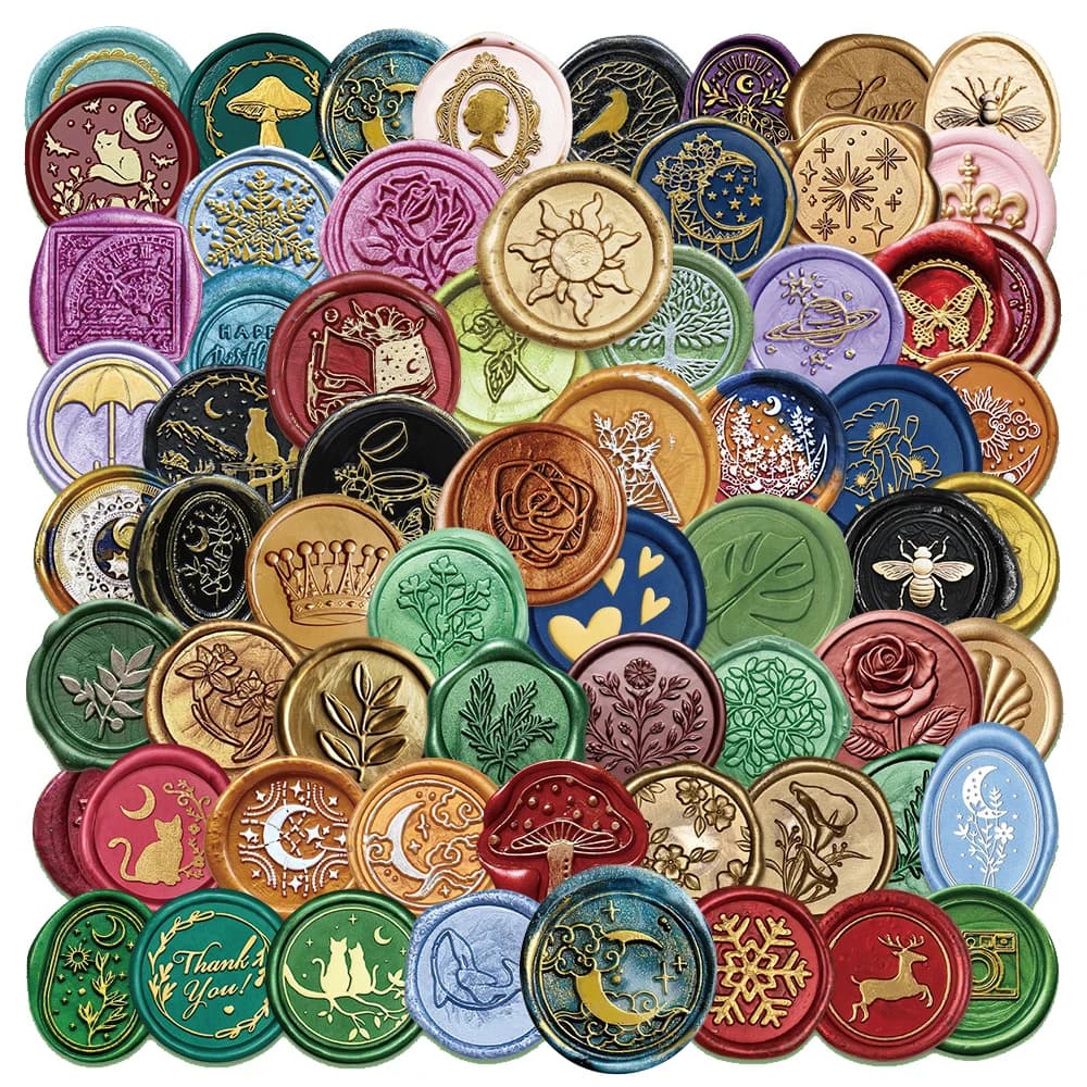 10/30/64pcs Vintage Wax Seal Cartoon Stickers Colorful Aesthetic Embossed Decal for Laptop Notebook Phone Decoration Sticker Toy