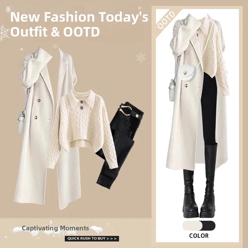 Set Tre Pezzi in Denim a Vita Alta per Donna, Moda Invernale, Maglione Interno Abbinato a Jeans a Vita Alta