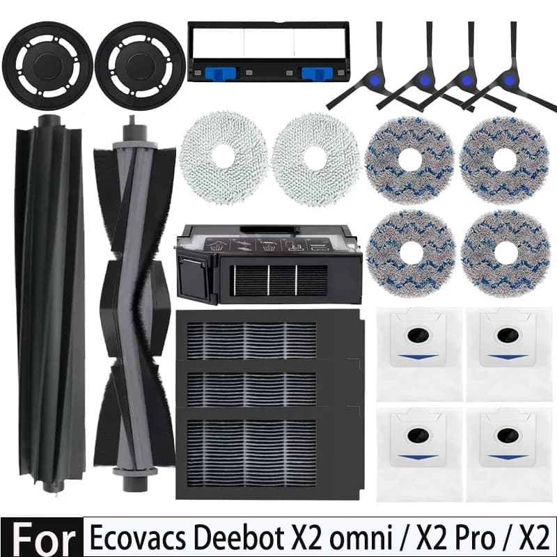 Accessories for Robot Vacuum Cleaner Ecovacs Deebot X2 Omni / X2 Pro: Main brush, Lateral brushes, HEPA filter, Washing cloth, Collecting bag
