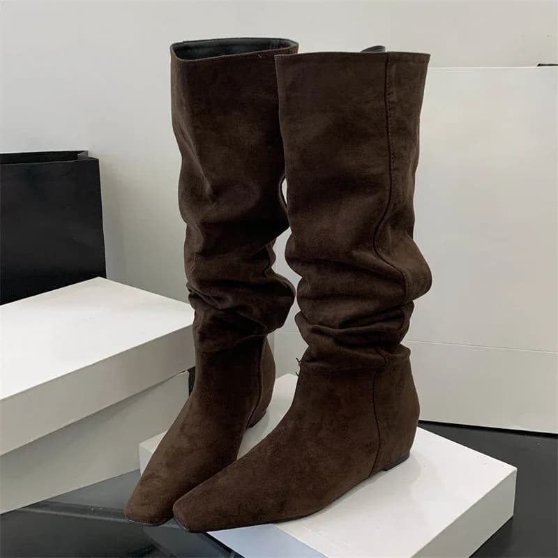 Eilyken Women's Knee Boots Wedges punk style Shoes with Low Heel Fashion Long High Thigh Botas Para Mujer