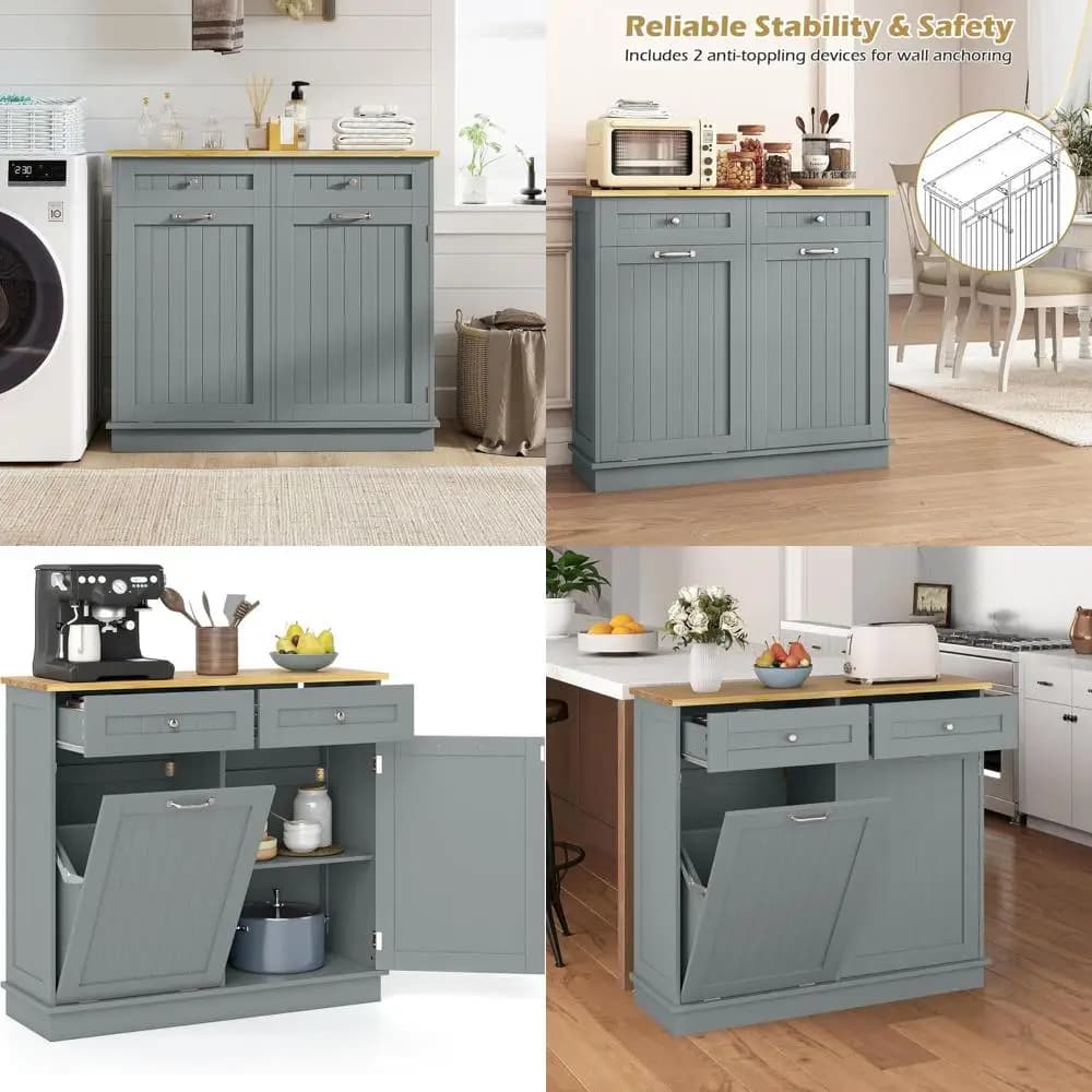 Mobiletto in Legno da 15,5 Galloni con Doppi Cassetti, Contenitore per Rifiuti e Riciclo da Cucina, 39,5 x 14 x 35,5, Grigio