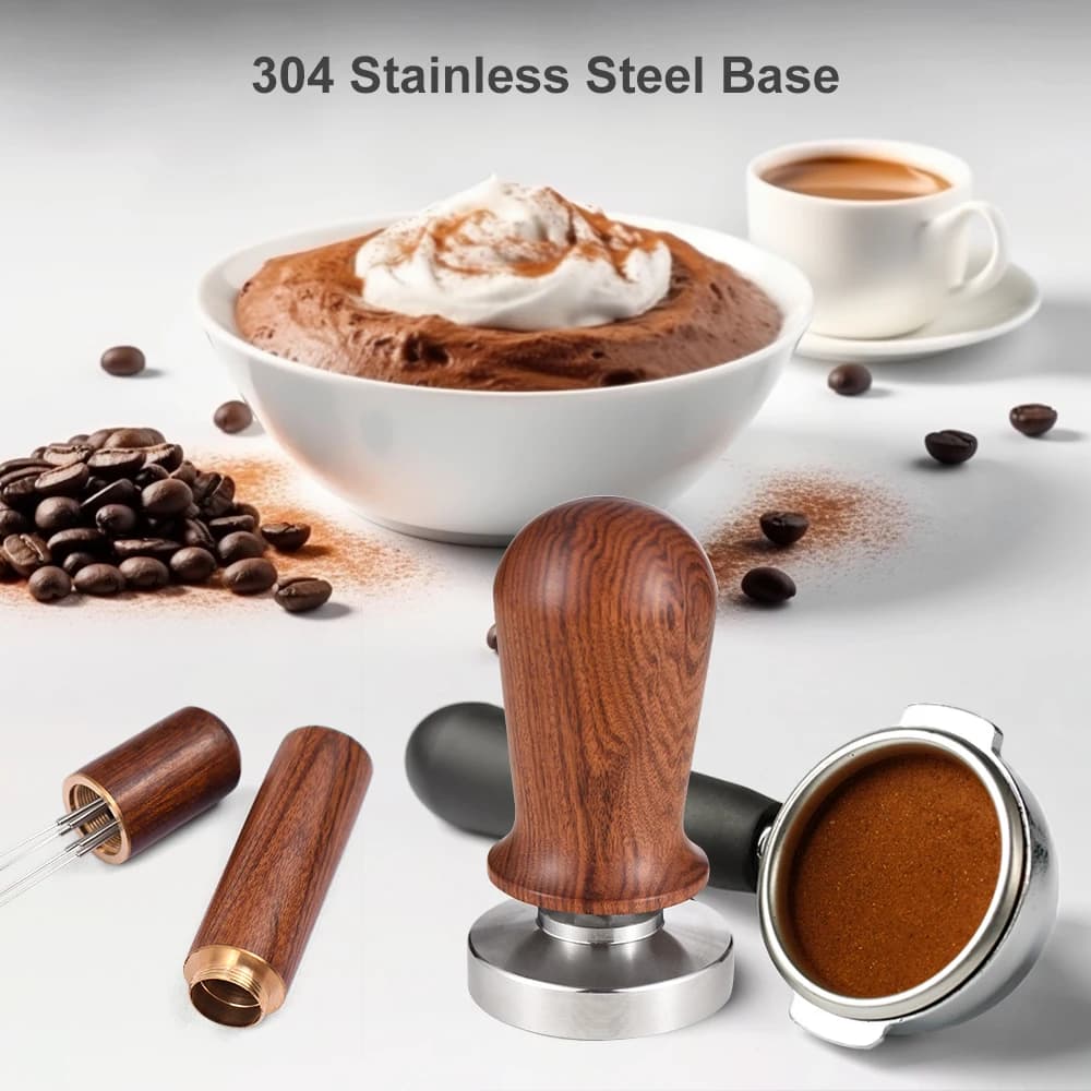 58mm Tamper and Stirrer Set Coffee Calibrated Tamper with Spring Loaded Aluminum Alloy Body 304 Stainless Steel Flat