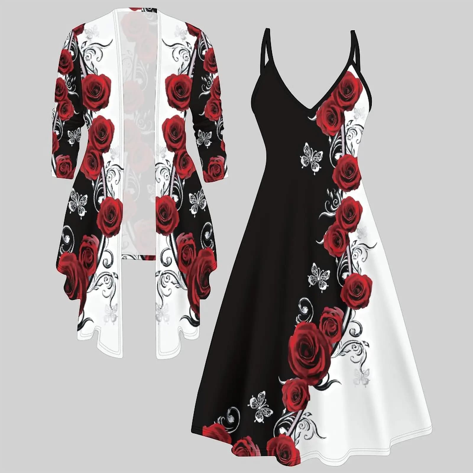 Print Two Piece Set Women Midi Dress 3/4 Sleeve Cardigan Daily Slip Dress Vacation Matching Outfit Irregular Hemline Coat