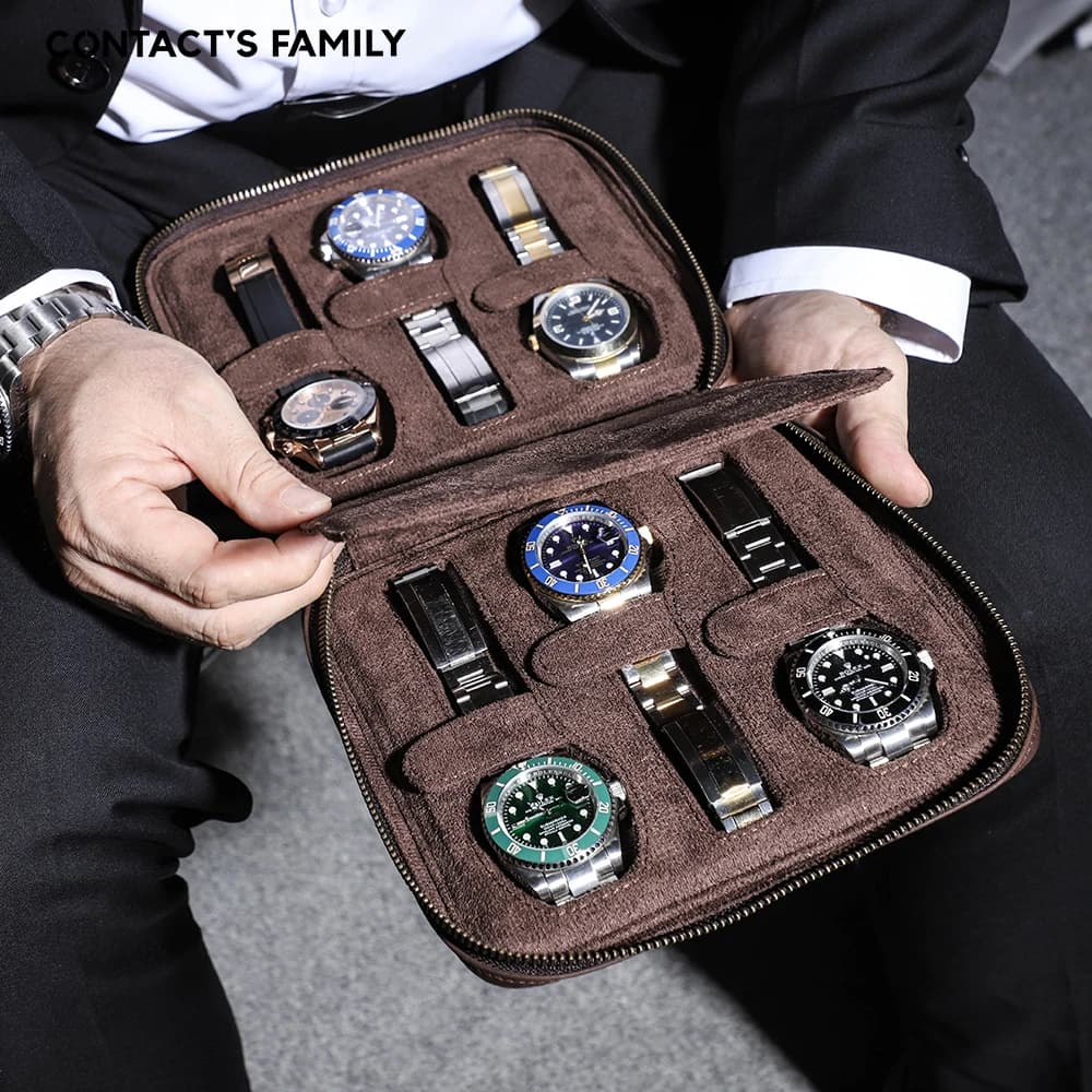 2/4/6/8 slot watch box, transport case, watch display organizer, genuine leather zipper watch case