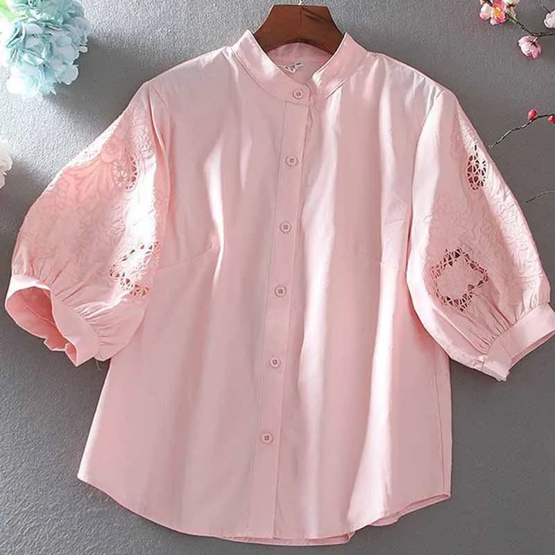 2025 Summer Pure Cotton Stand-up Collar Hollow Out Embroidered Shirt Tops Women Temperament Loose Fitting Lantern Sleeve Blouse