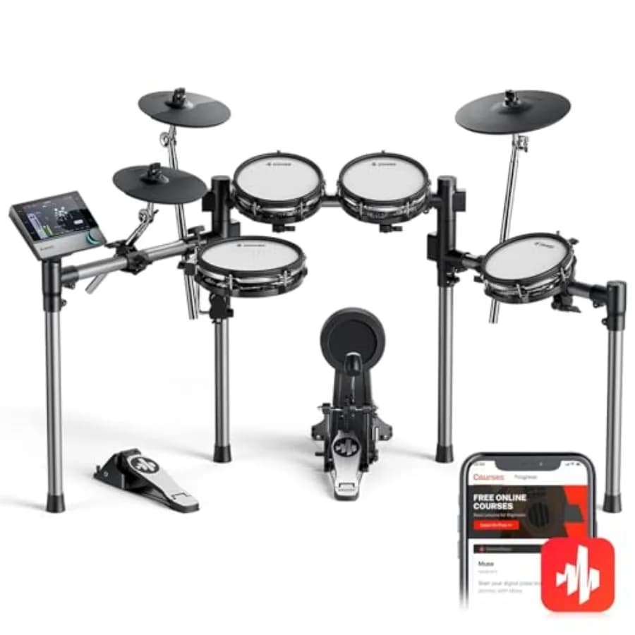 Batteria Elettronica Beat con Pad in Mesh Silenziosi, 12 Piatti con Choke, 100 Kit e Oltre 1100 Suoni, Bacchette, USB, MIDI
