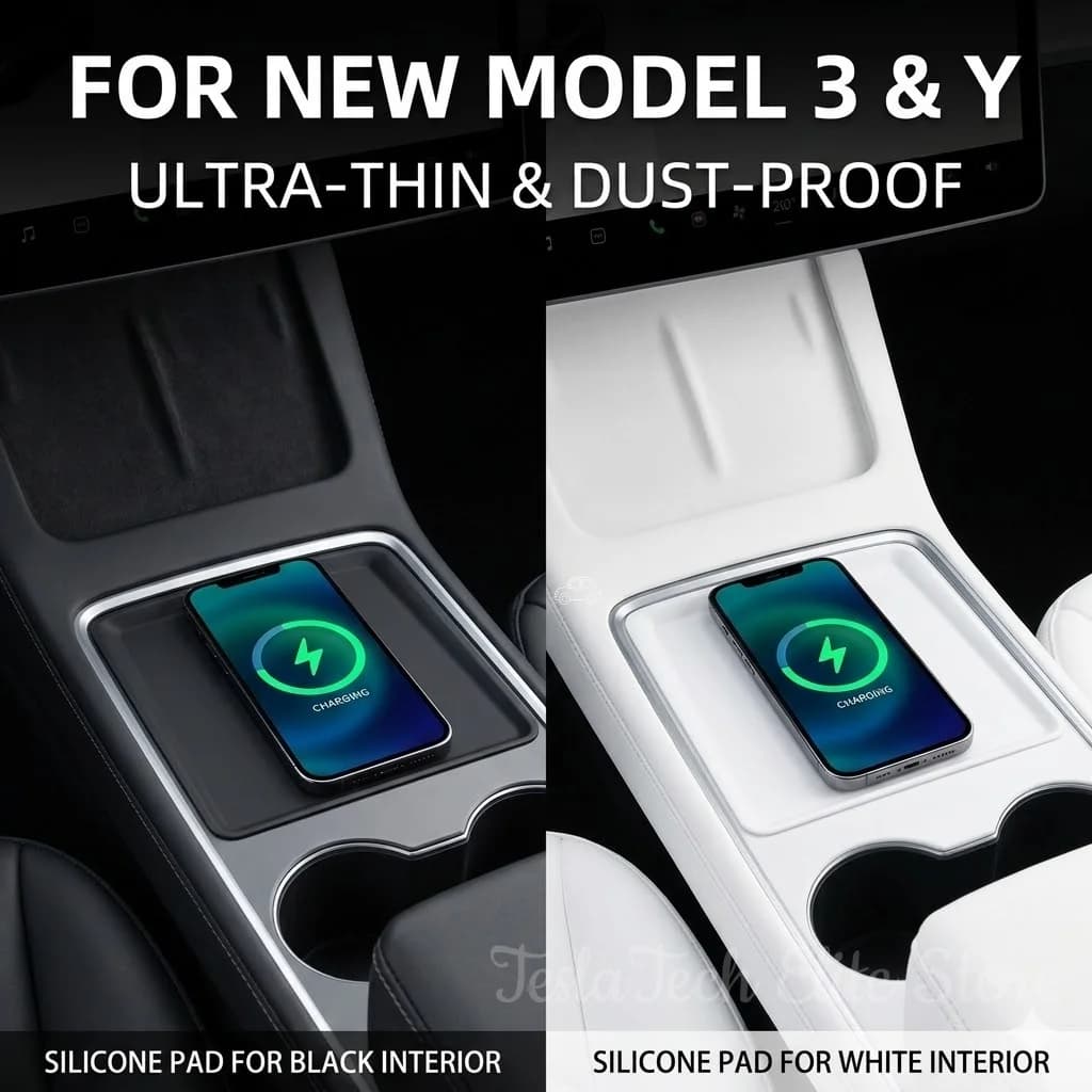 Tappetino di Ricarica Wireless in Silicone per Tesla Model 3 Highland/Y 2024 2025, Accessori Bianco Nero, Tappetino Antiscivolo, Copertura per Ricarica Telefono