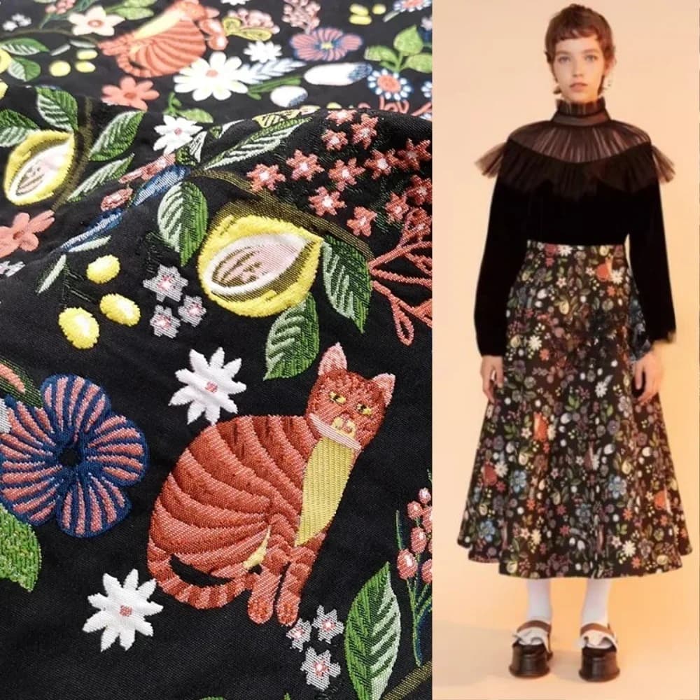 Brocade Satin Jacquard Fabric Yarn-dyed Cute Cat Embossed Dress Fabrics Autumn Winter Trench Coat Suit Clothes Cloth by Meter