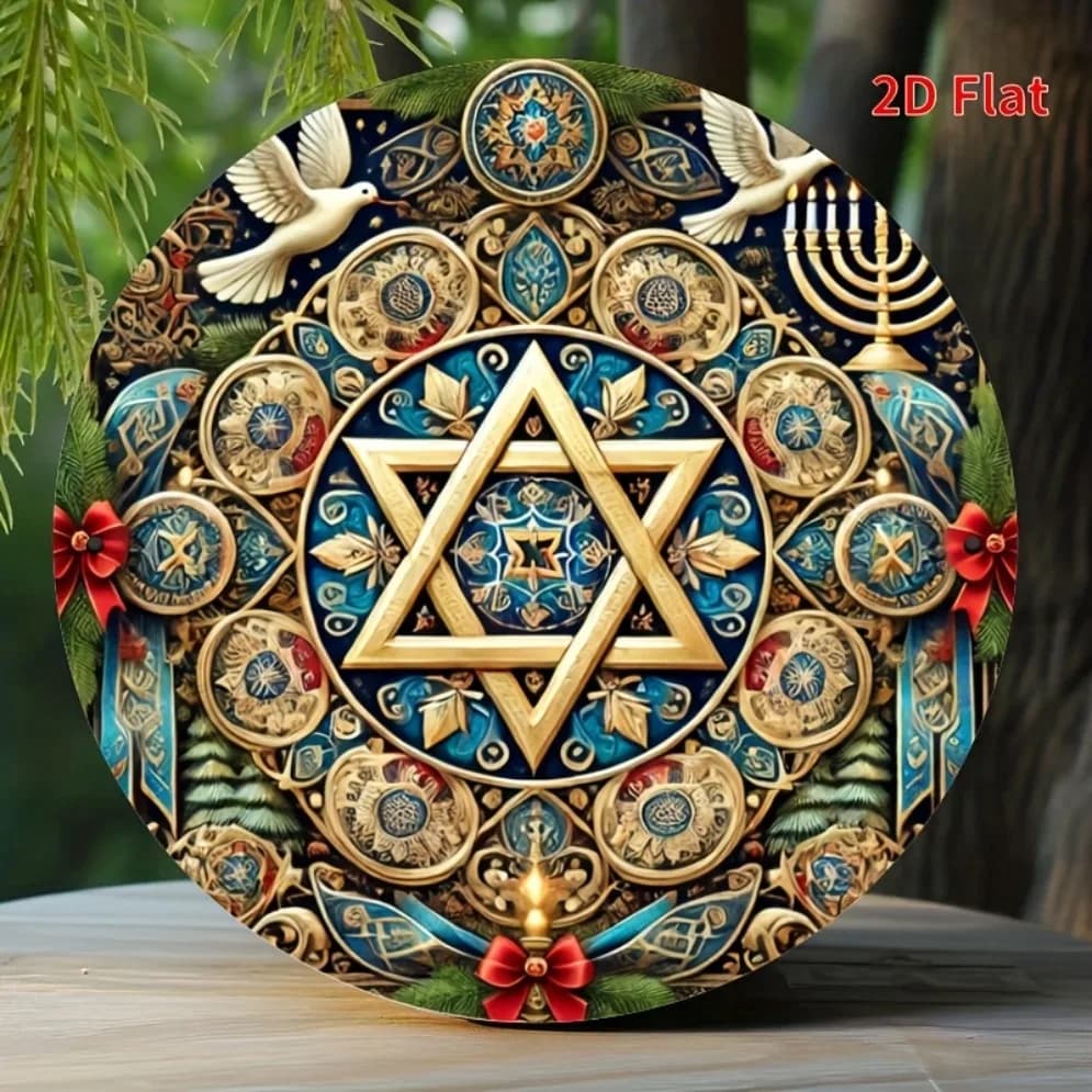 Targa in ferro con ghirlanda di passaggio 2D, cartello di passaggio circolare, cartello accessorio ghirlanda di benvenuto ebraico, decorazione domestica, decorazione natalizia