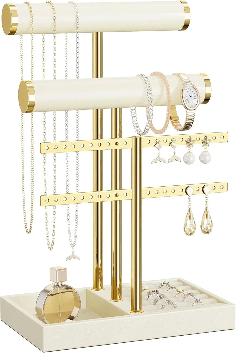 3 level beige leather bracelet holder: jewelry organizer with removable T bar for bracelets, necklaces, earrings, rings, watches
