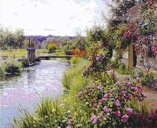 Kit da cucito Riverside con fiori in fiore, 16CT 14CT, kit per punto croce non stampato, arte ricamata, fai da te, lavori a mano, decorazioni per la casa