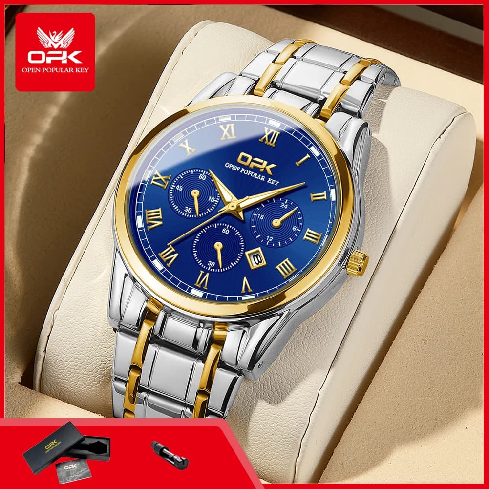 OPK 8119 Classic Chronograph Men Watch Calendar Luminous Stainless Steel Waterproof Quartz Man Business Wristwatch