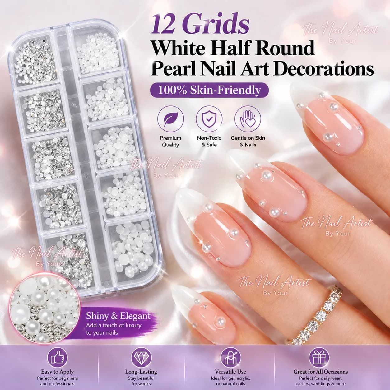 Set of 12 Nail Decoration Grills with Semi-Spherical Bianche Beads, Silver and Gold Mini Stainless Steel Balls, Rivets and Strass of Various Sizes