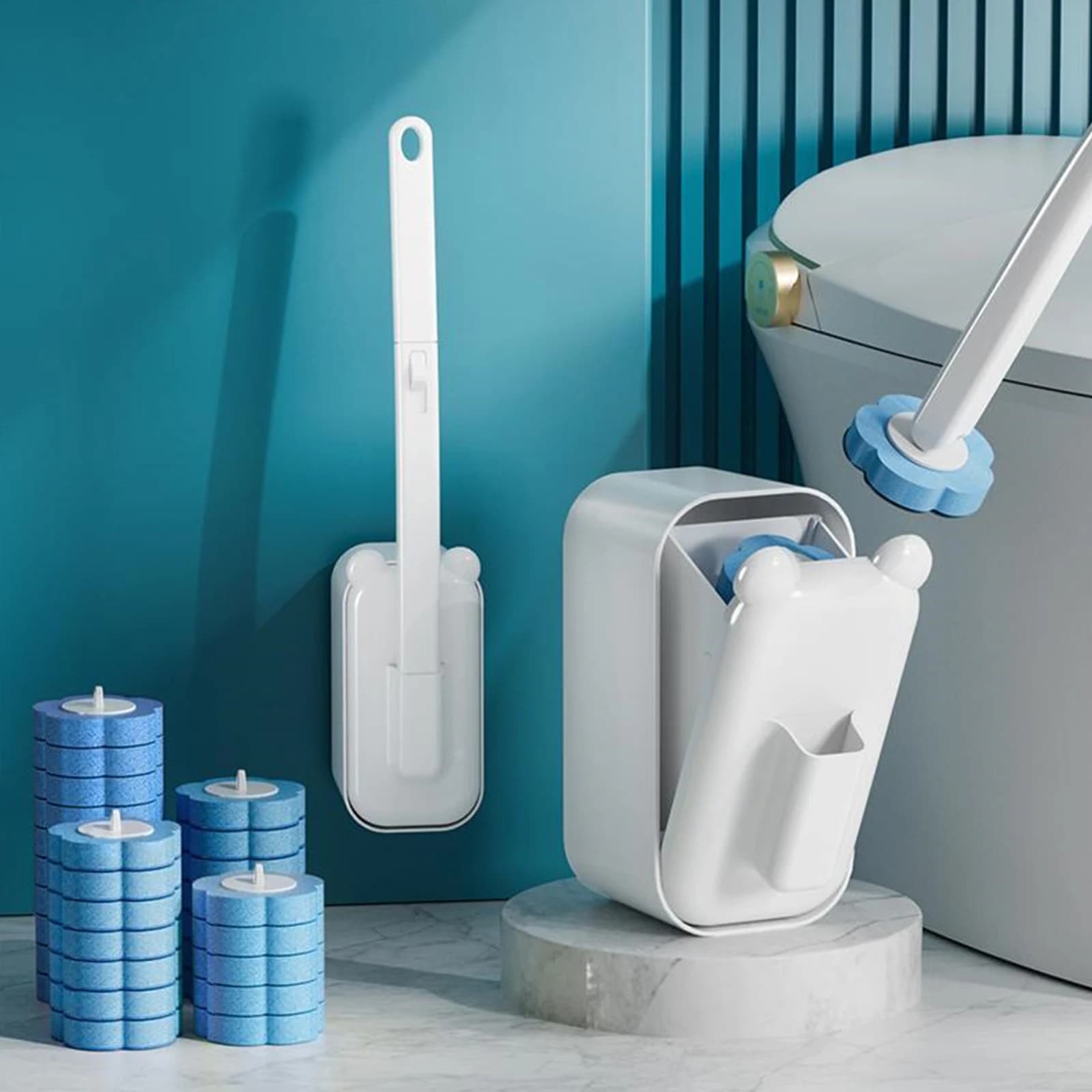 Spazzola per WC con 36 Testine di Ricambio e Supporto, Spazzola per Toilette Usa e Getta con Manico Lungo per Pulizia Profonda