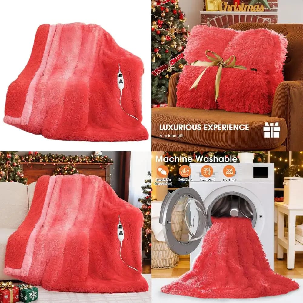 Coperta Elettrica in Finta Pelliccia con 10 Livelli di Calore e 5 Impostazioni di Tempo - Morbido Sherpa, Riscaldamento Rapido, 50x60, Rosso Rubino