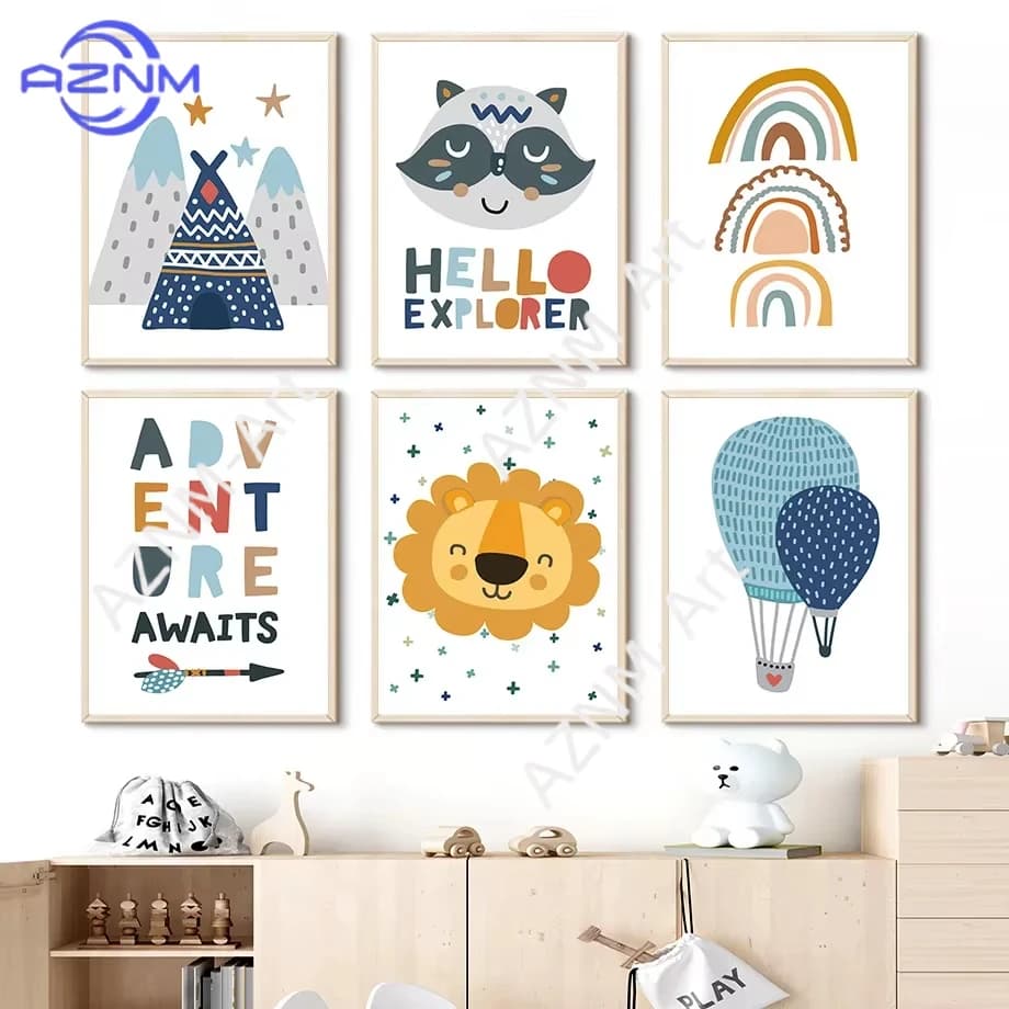 1 Pezzo/6 Pezzi Quadri su Tela con Leone, Procione, Tenda, Freccia, Citazioni di Avventura, Arte Cartoon, Poster e Stampe Nordiche per Decorazione Camera Bambini