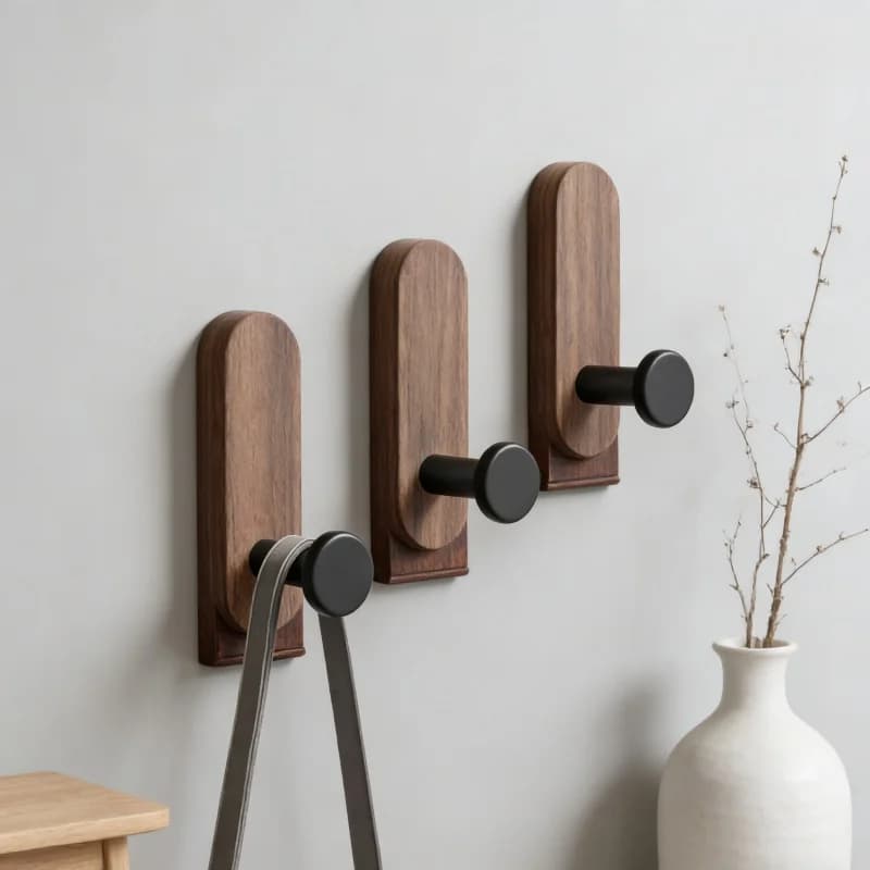 Punch Free Self Adhesive Walnut Wooden Wall Hooks For Coat Towel Hat Backpack Robe Entryway Bedroom Key Storage Hook