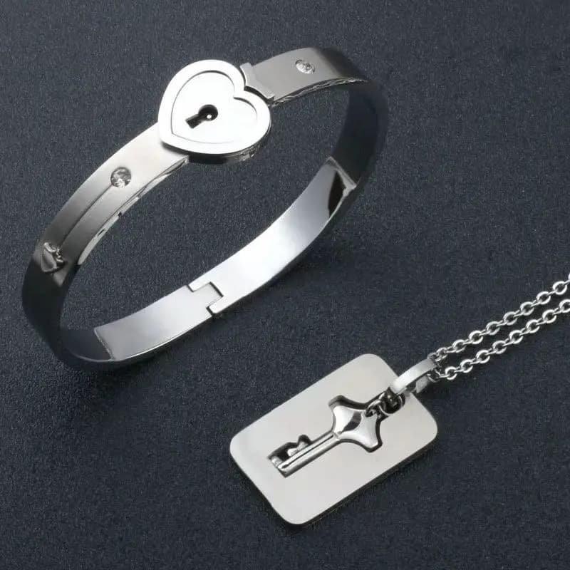 Gioielli per Coppie, Bracciale in Acciaio Inossidabile con Lucchetto a Cuore, Braccialetti e Collana con Ciondolo a Chiave, Regalo per Innamorati