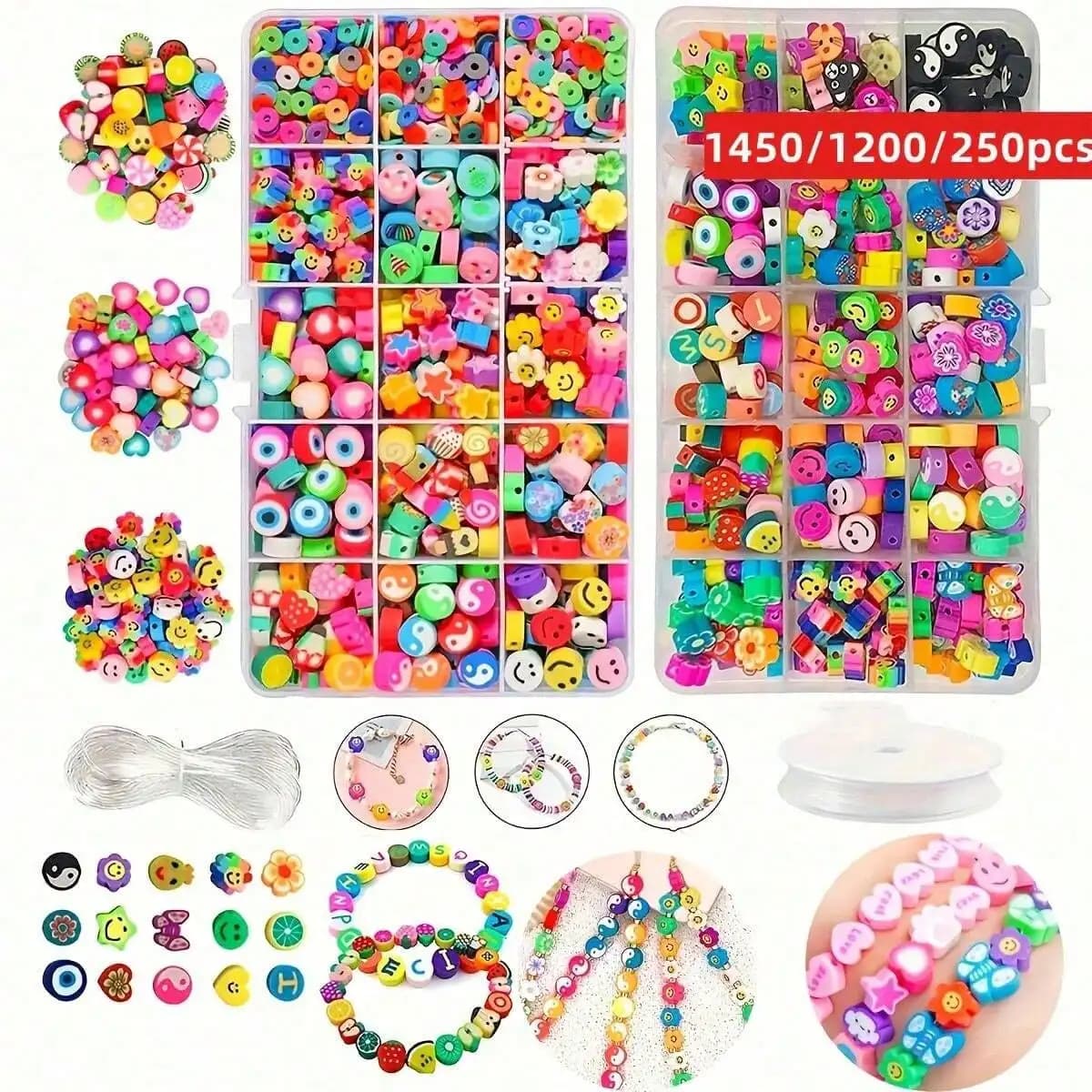 1450/1200/250 pcs polymer clay beads set, box, elastic thread package, DIY jewelry creation, earrings, bracelets, necklaces