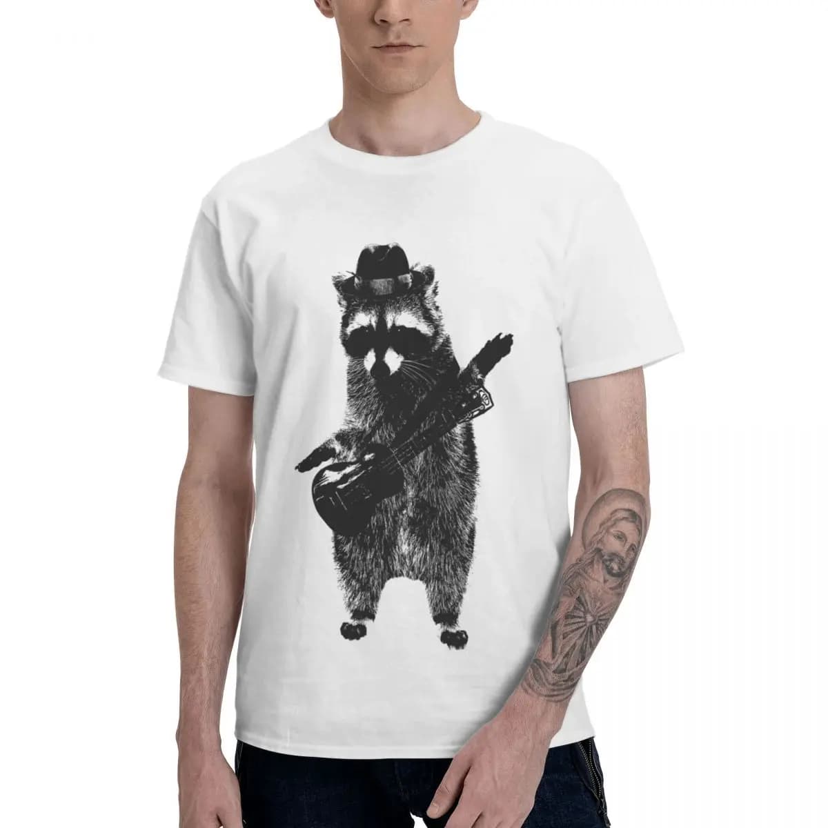 Moda Raccoon Wielding Ukulele T-shirt in puro cotone girocollo T-shirt da uomo manica corta lunga PlUnisex Tees Tops