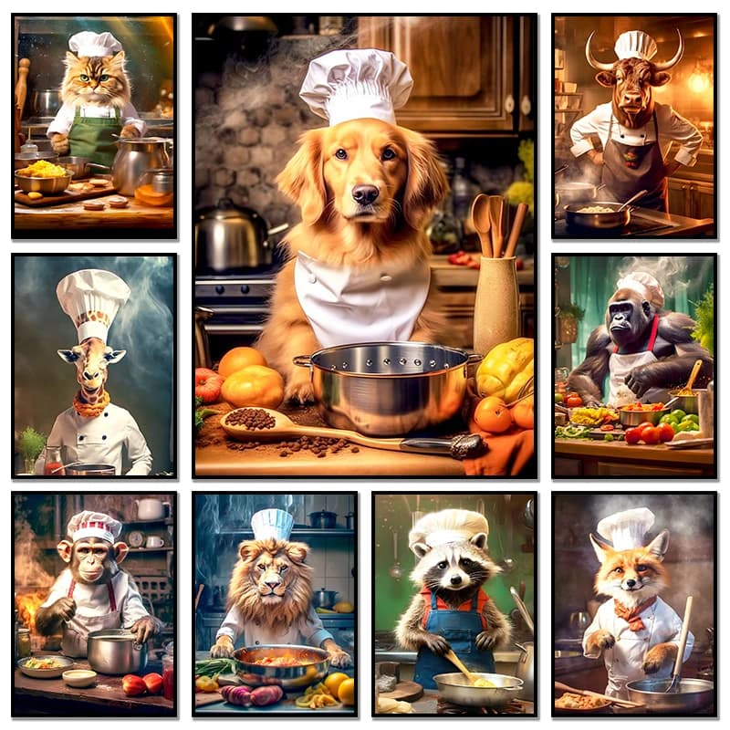 Poster e immagini di chef di animali Gorilla Leone Volpe Gatto Cane Procione Tela Pittura Ristorante Cucina Sala da pranzo Decorazione da parete
