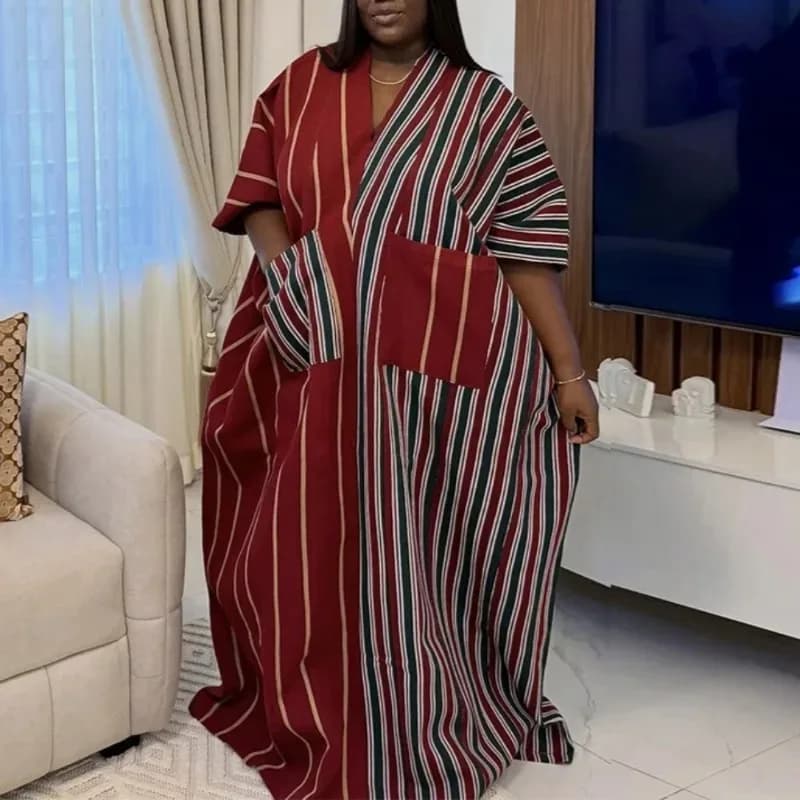 Stylish Striped Women's Dresses With V Neckline Short Sleeves With Pockets Patchwork Large Long African Dress Church Clothing For Party