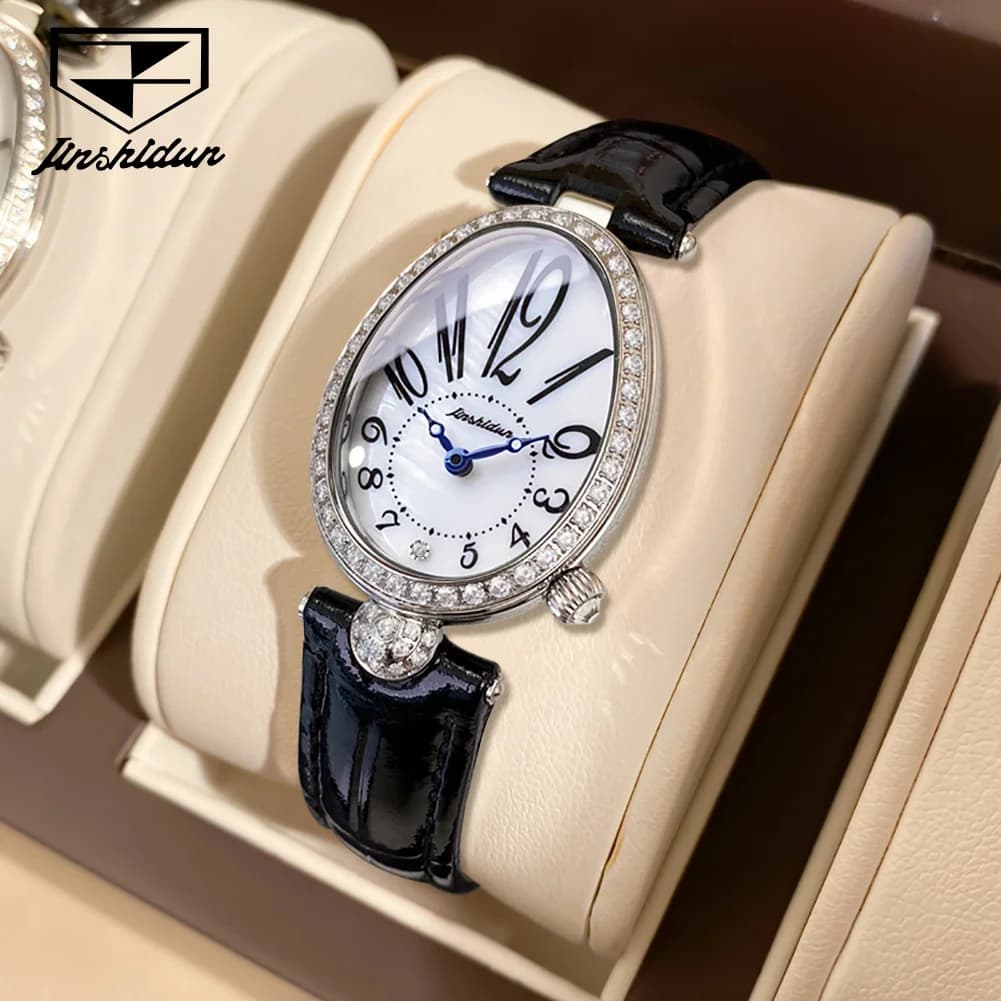 JSDUN 8827 Women's Watch, Elegant Original Quartz Watch with Oval Dial, Waterproof 50M, Leather Strap, Gift Pack