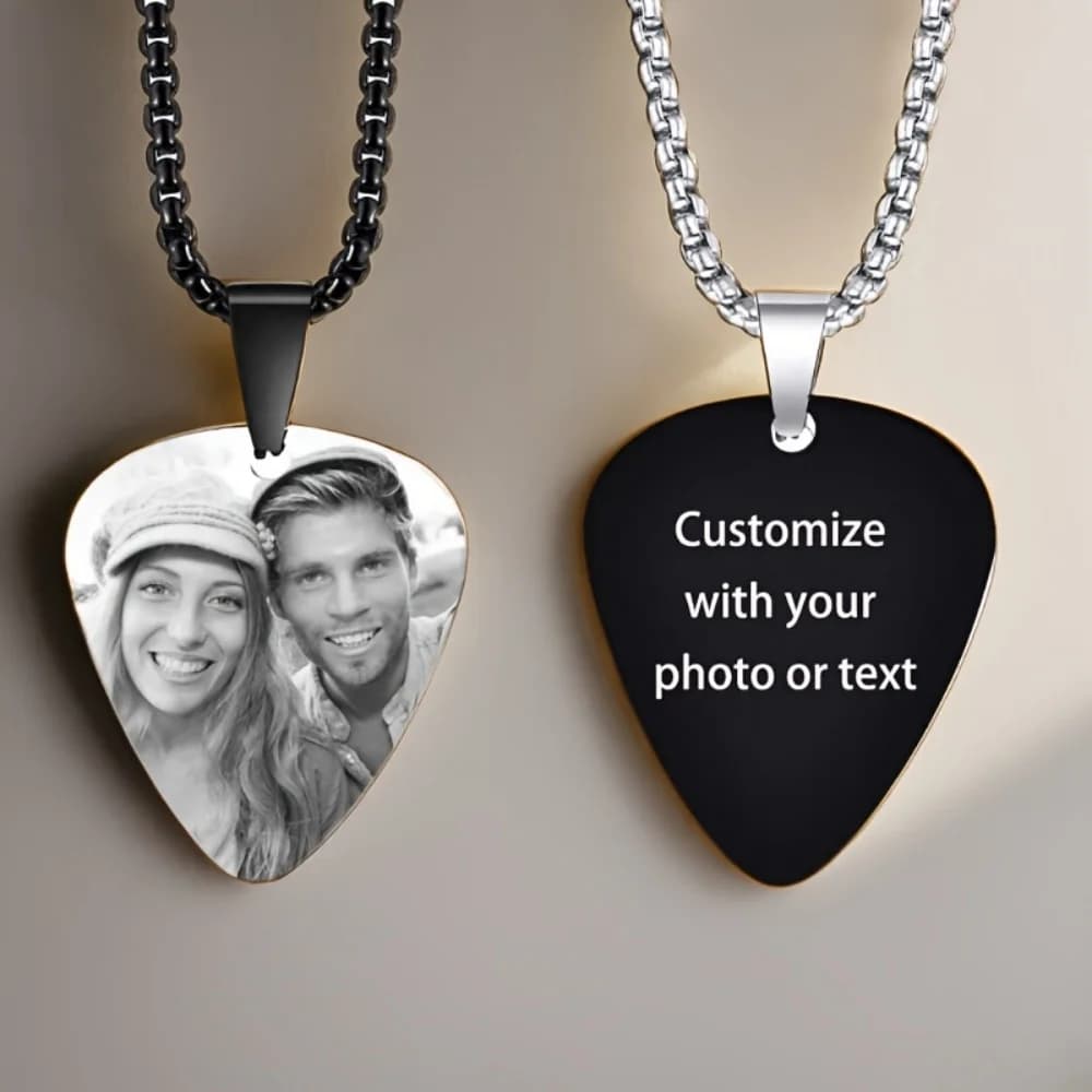 Collana con Ciondolo a Forma di Plettro per Chitarra in Acciaio Inossidabile, Personalizzabile con Testo o Immagine, Regalo per Amanti della Musica