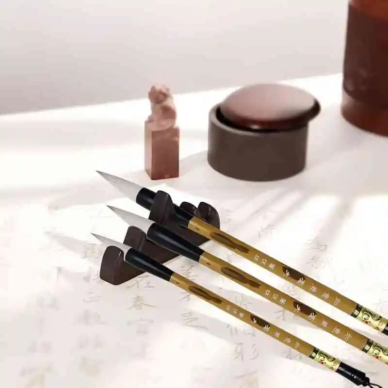 3 Sizes Chinese Writing Brush with Wood Rack Pen Rest, Calligraphy Brush Set, Kanji Art Brushes for Professional Beginners