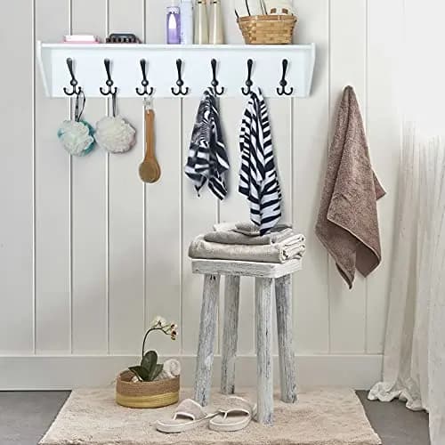 White 35-Inch Wall Shelf With 7 Black Triple Hooks For Towels, Coats, And Bathroom Essentials, Mounted Entry Organizer