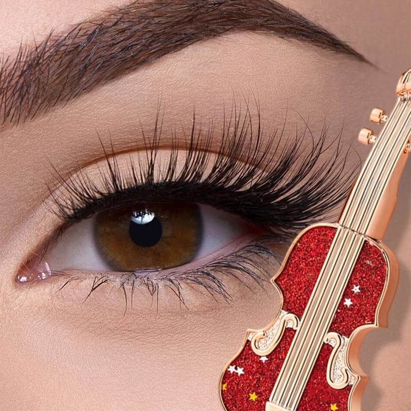 Violin Shape Mascara - Glittered Red Design, Unique Appearance from Musical Instrument, Long-lasting Formula, Ideal for a Perfect Eye Look
