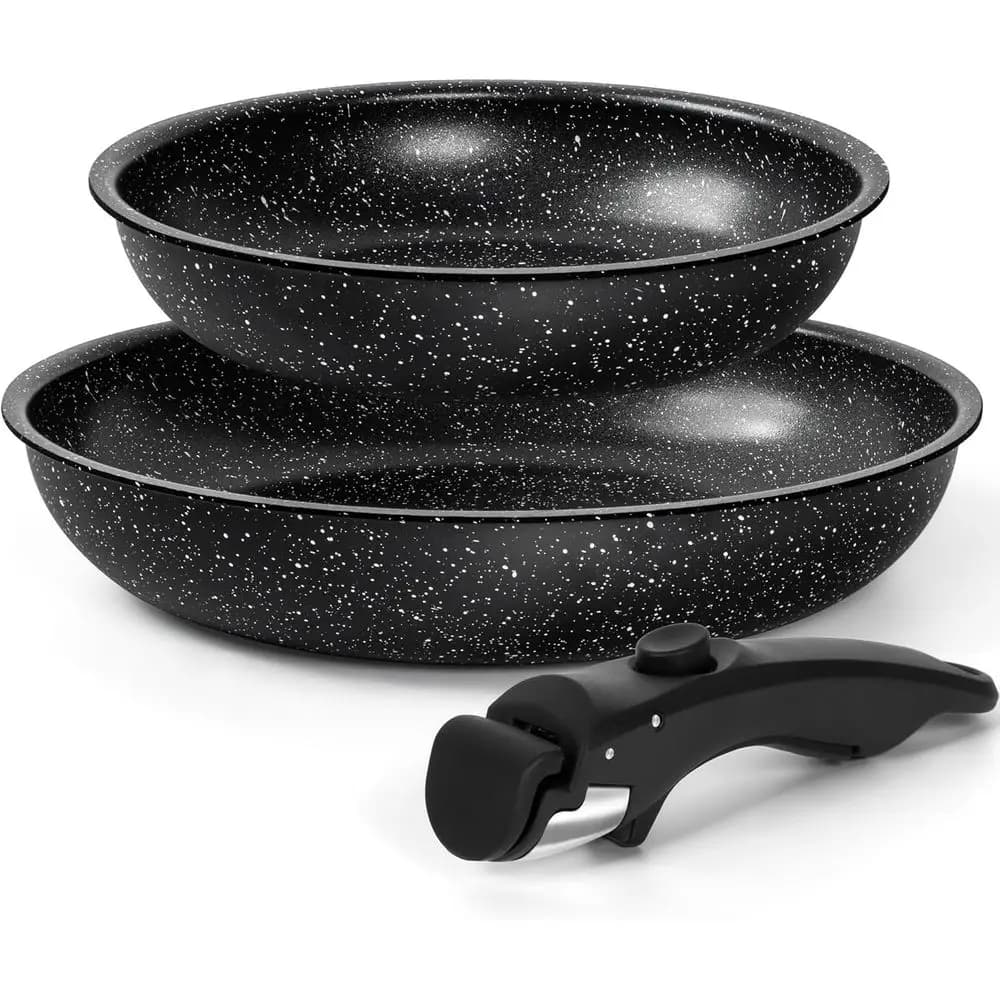 Set of non-stick pans, 8 and 10 pieces with removable handle, granite coating, non-toxic, without PFOA, suitable for oven